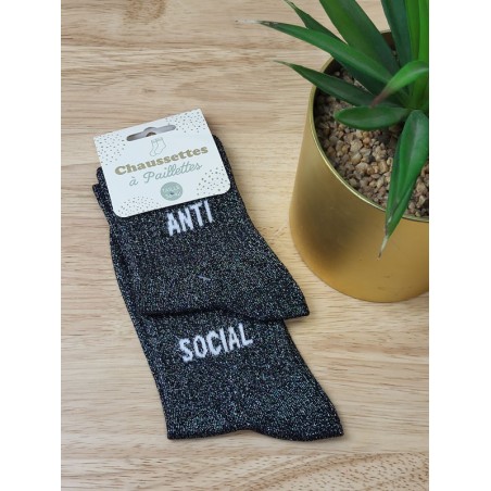 Chaussettes à paillettes duo "anti social" noires