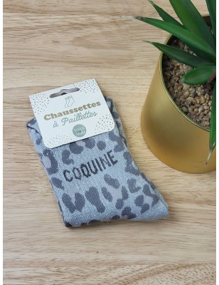 Chaussettes à paillettes "coquine" grises leopard