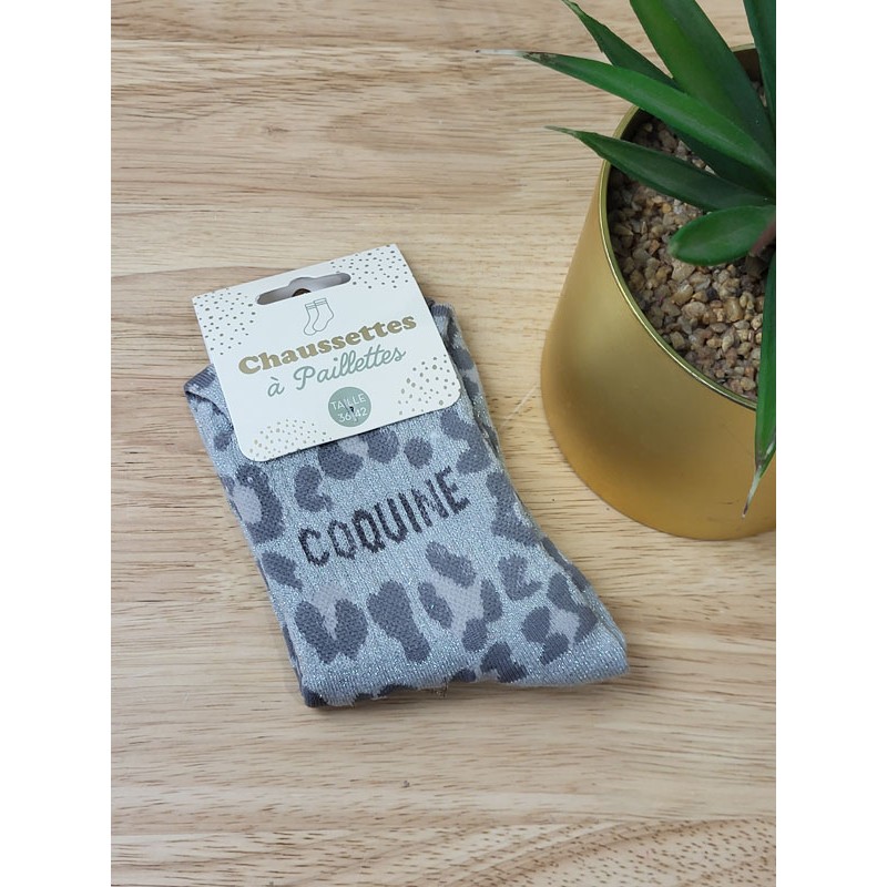 Chaussettes à paillettes "coquine" grises leopard