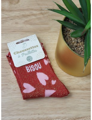 Chaussettes à paillettes "bisou" rouges coeurs