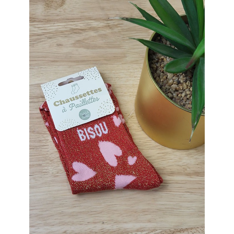 Chaussettes à paillettes "bisou" rouges coeurs