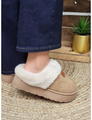 Chaussons femme daim fourrés Mindra beiges