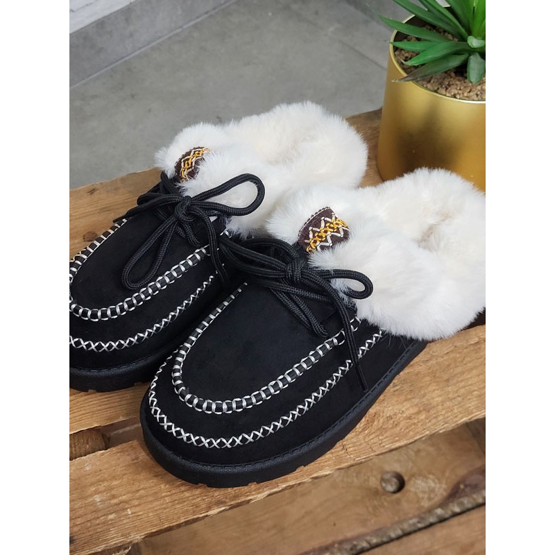 Chaussons femme daim fourrés Indiana noirs Chaussons femme daim fourrés Indiana noirs