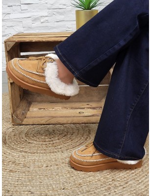 Chaussons femme daim fourrés Indiana camel