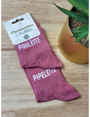 Chaussettes à paillettes duo "poulette pipelette" fushia