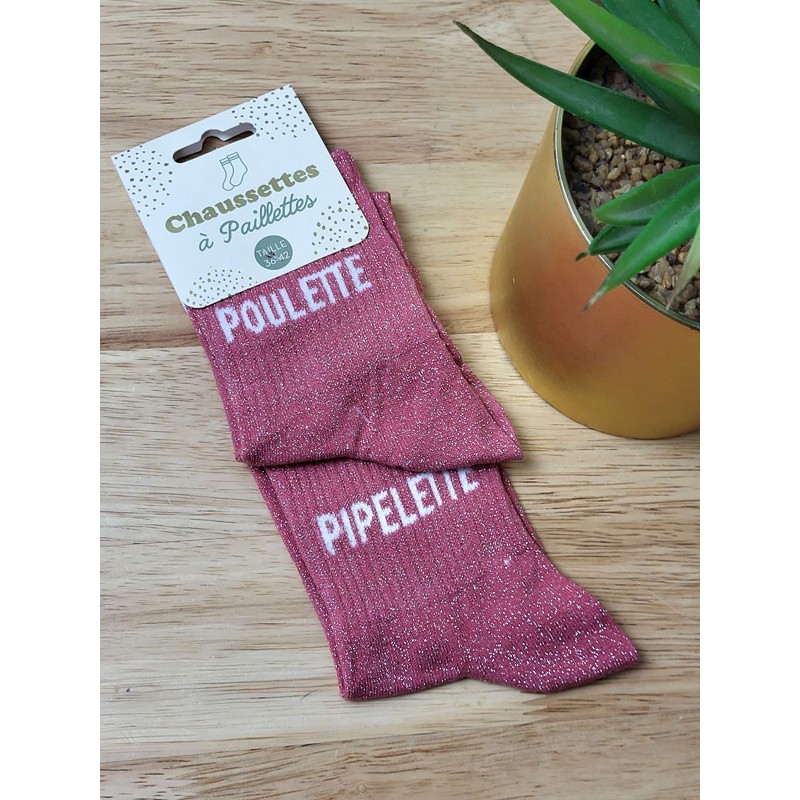 Chaussettes à paillettes duo "poulette pipelette" fushia