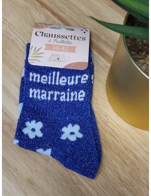 Chaussettes à paillettes "meilleure marraine" bleues