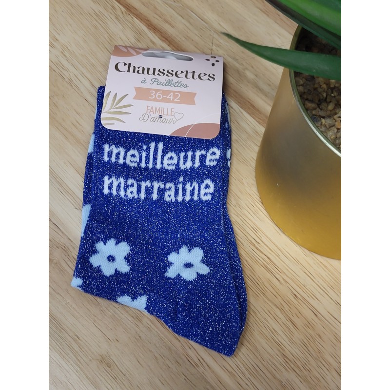 Chaussettes à paillettes "meilleure marraine" bleues