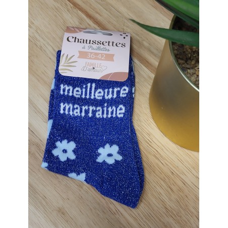 Chaussettes à paillettes "meilleure marraine" bleues