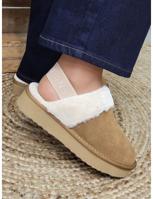 Chaussons femme daim fourrés Pepe Jeans Dissy tape camel