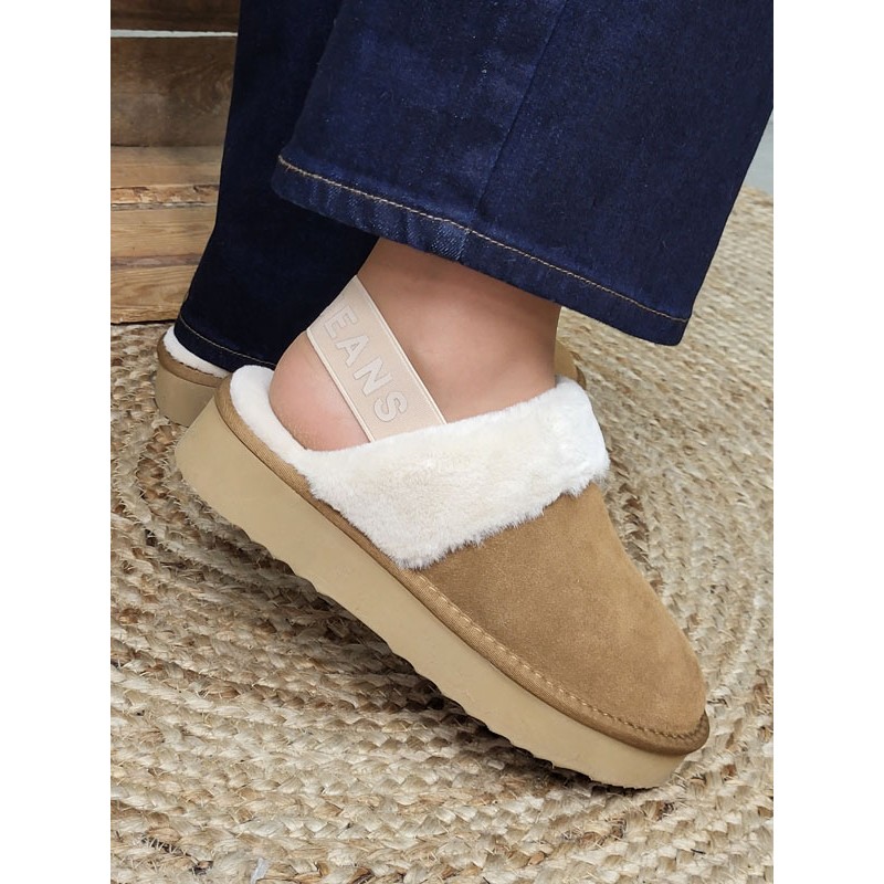 Chaussons femme daim fourrés Pepe Jeans Dissy tape camel