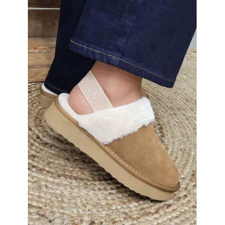 Chaussons femme daim fourrés Pepe Jeans Dissy tape camel