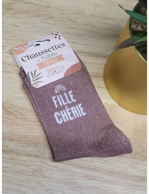 Chaussettes à paillettes "fille chérie" roses