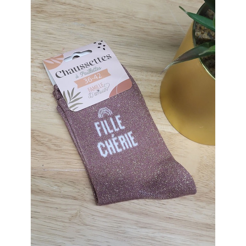 Chaussettes à paillettes "fille chérie" roses