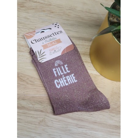 Chaussettes à paillettes "fille chérie" roses