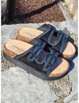 Mules compensées femme daim Charline noires