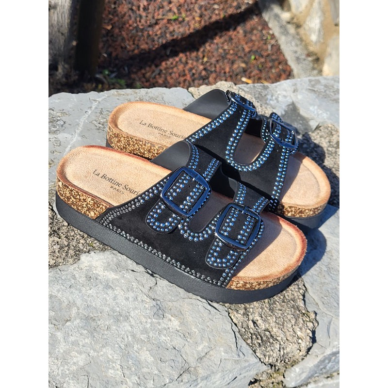 Mules compensées femme daim Charline noires