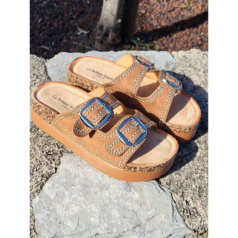 Mules compensées femme daim Charline camel