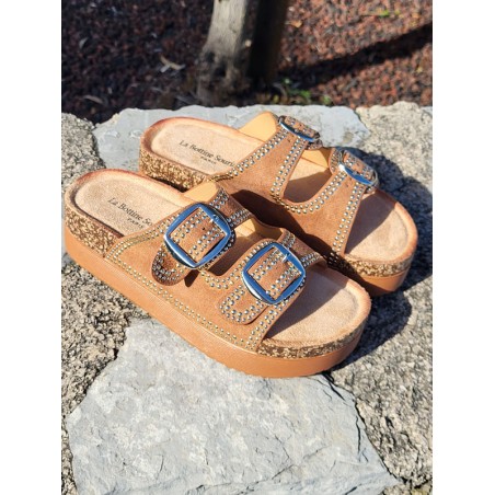 Mules compensées femme daim Charline camel