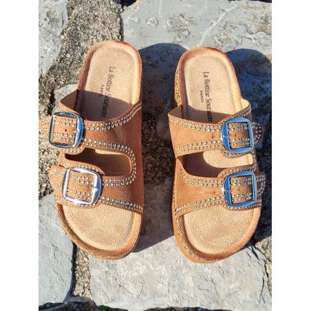 Mules compensées femme daim Charline camel