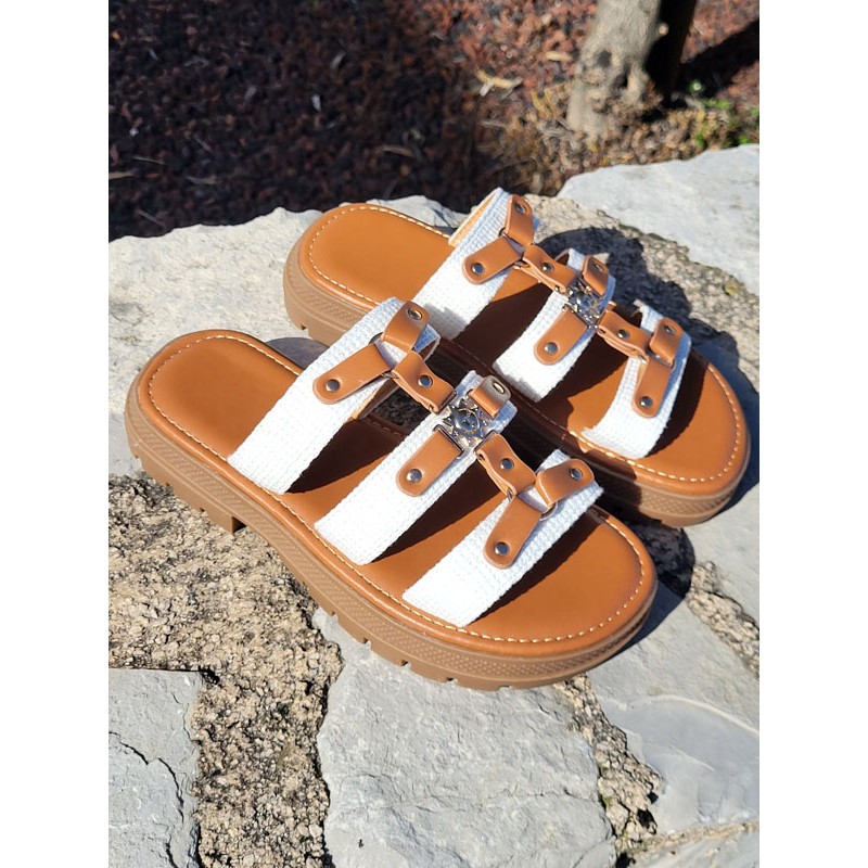 Mules femme Irisia blanches et camel