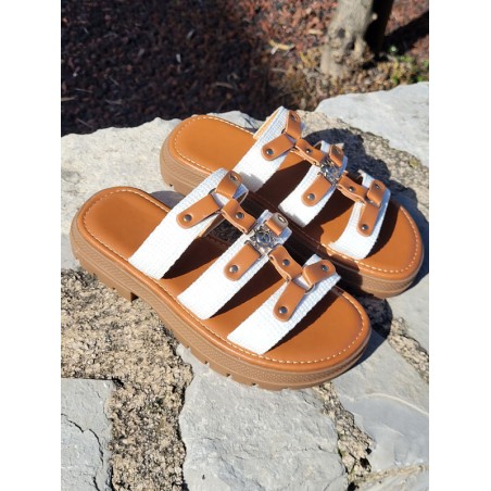 Mules femme Irisia blanches et camel