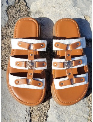 Mules femme Irisia blanches et camel