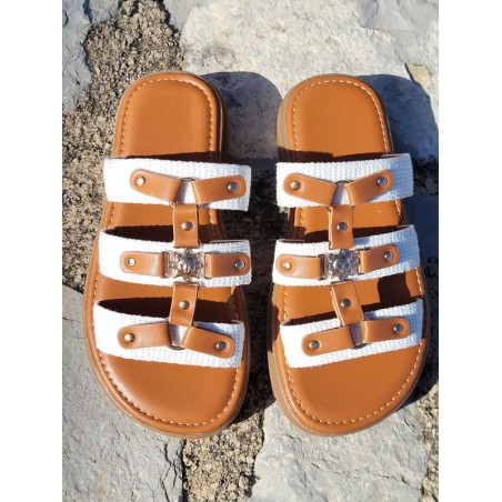 Mules femme Irisia blanches et camel