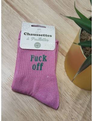 Chaussettes à paillettes "fuck off" roses
