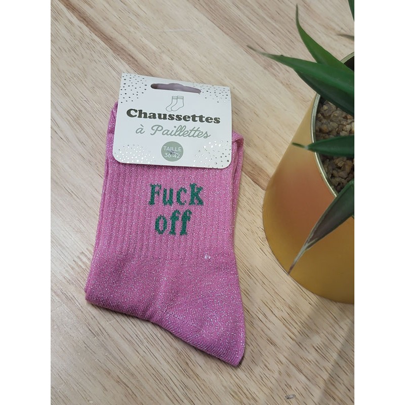 Chaussettes à paillettes "fuck off" roses