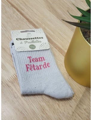 Chaussettes à paillettes "team fêtarde" argentées
