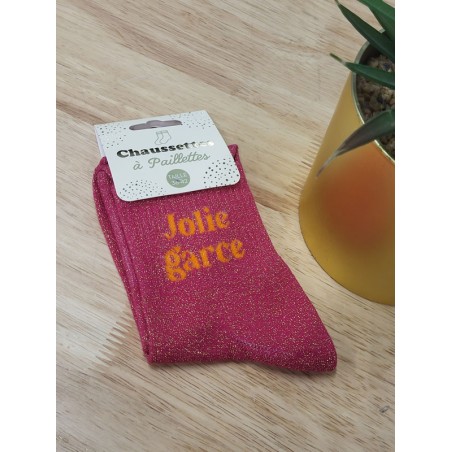 Chaussettes à paillettes "jolie garce" fushia