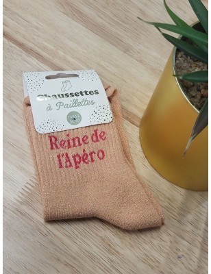 Chaussettes à paillettes "reine de l'apéro" saumon