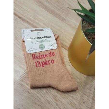Chaussettes à paillettes "reine de l'apéro" saumon