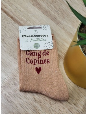 Chaussettes à paillettes "gang de copines" saumon