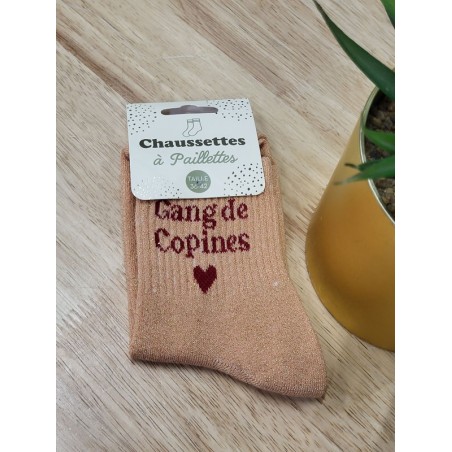 Chaussettes à paillettes "gang de copines" saumon