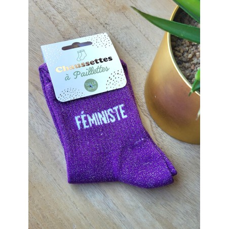 Chaussettes à paillettes "féministe" violettes