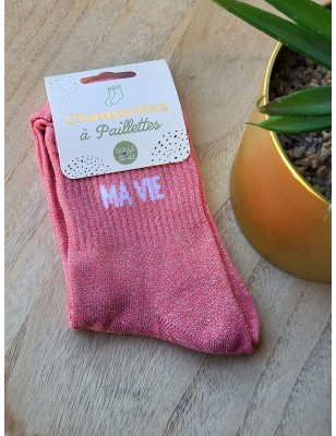 Chaussettes à paillettes "ma vie" roses