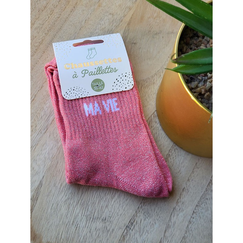 Chaussettes à paillettes "ma vie" roses