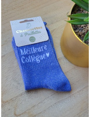 Chaussettes à paillettes "meilleure collègue" bleues