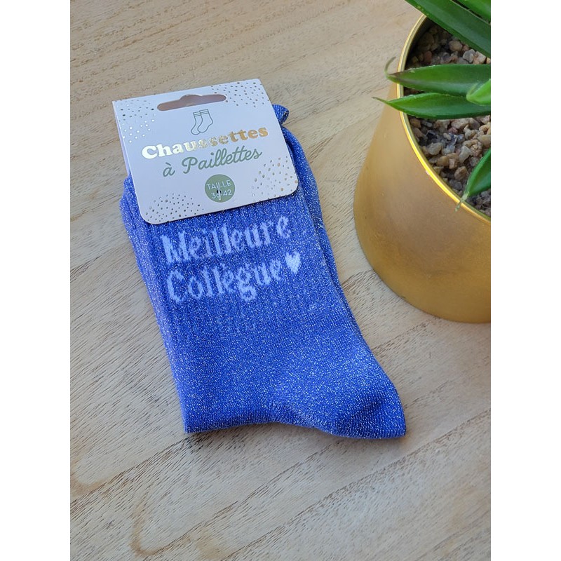 Chaussettes à paillettes "meilleure collègue" bleues