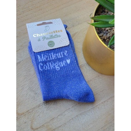 Chaussettes à paillettes "meilleure collègue" bleues