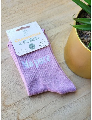 Chaussettes à paillettes "ma puce" roses