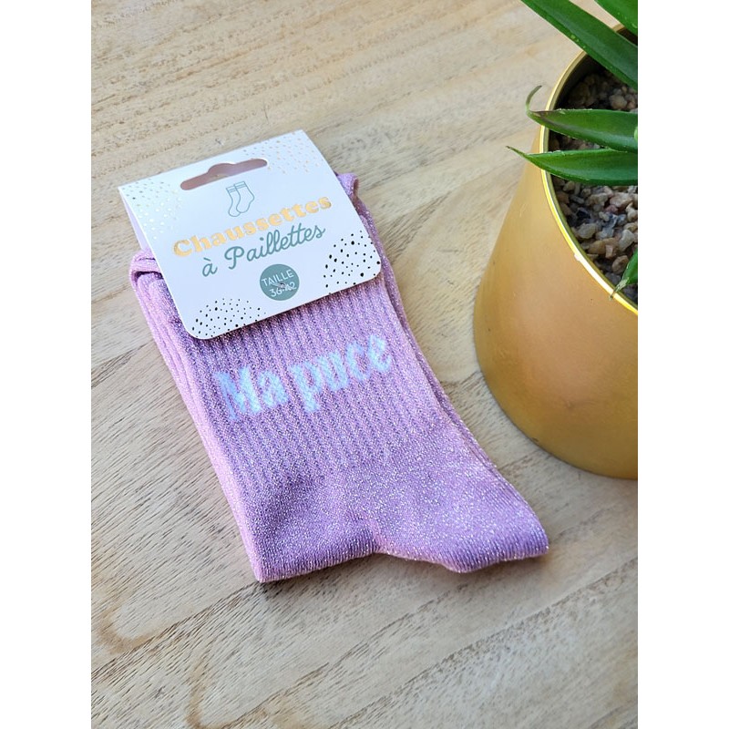 Chaussettes à paillettes "ma puce" roses