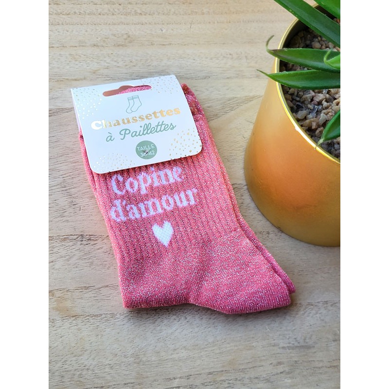 Chaussettes à paillettes "copine d'amour" roses