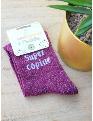 Chaussettes à paillettes "super copine" violettes