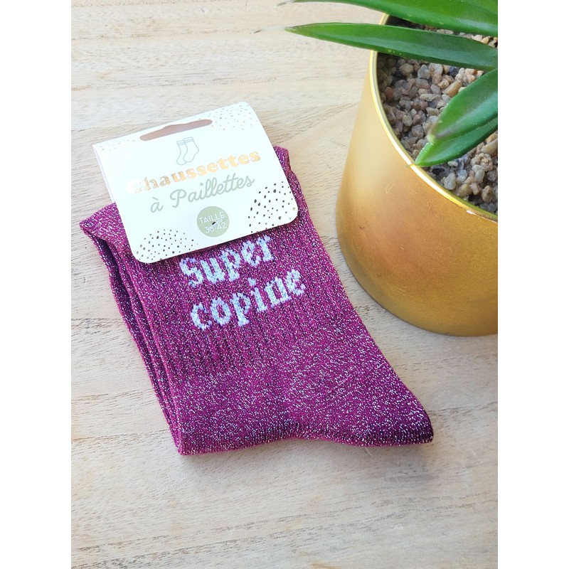 Chaussettes à paillettes "super copine" violettes