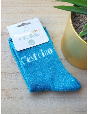 Chaussettes à paillettes "c'est ciao" turquoise