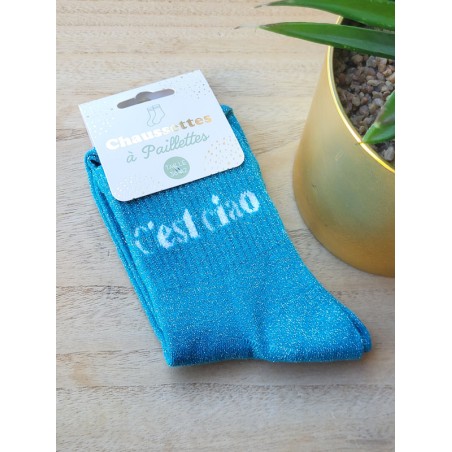 Chaussettes à paillettes "c'est ciao" turquoise
