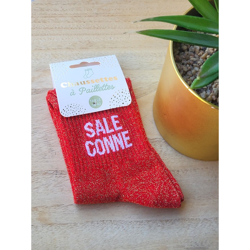 Chaussettes à paillettes "sale conne" rouges